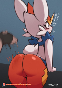 ambiguous_gender anthro arm_tuft big_butt blue_background blue_body blue_fur blush blush_lines butt butt_slap cheek_tuft disembodied_hand exclamation_point eyelashes facial_tuft fur open_mouth orange_body orange_fur pink_nose shoulder_tuft simple_background slap solo spanking surprised thick_thighs tuft white_body white_fur wide_hips brachyzoid nintendo pokemon cinderace generation_8_pokemon pokemon_(species)