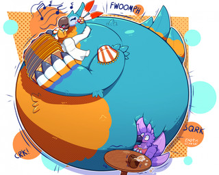 4_fingers abstract_background accordion beak belly belly_expansion belly_inflation blue_body blue_fur blush blush_lines creaking expansion eyes_closed fingers fur furniture glistening glistening_body inflation motion_lines musical_instrument onomatopoeia open_mouth orange_body orange_fur purple_body purple_fur red_eyes sound_effects table text wood wood_furniture wood_table exoticcrystal breath_of_the_wild nintendo the_legend_of_zelda exotic_krystal kass_(tloz) avian rito 2026 hi_res