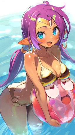 anthro big_breasts bikini blue_eyes blush breasts circlet clothing collarbone duo ear_piercing ear_ring eyebrows eyelashes female female_anthro glistening glistening_breasts gold_bikini hair humanoid_pointy_ears leaning leaning_forward open_mouth partially_submerged piercing pointy_ears purple_hair ring_piercing swimwear twintails_(hairstyle) two-piece_swimsuit water wet life_is_pi shantae_(series) wayforward shantae genie humanoid 2026 4k 9:16 absurd_res hi_res