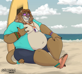 anthro beach belly blue_bottomwear blue_clothing blue_shirt blue_shorts blue_topwear bottomwear bracelet brown_body brown_fur clothed clothing cloud eyewear footwear fur gesture hair hand_gesture ily_sign jewelry long_hair male navel necklace open_clothing open_shirt open_topwear outside overweight overweight_anthro overweight_male sand sandals shirt shoes shorts sitting smile solo sunglasses surfboard topwear water baelliodile epic_games fortnite kingston_(fortnite) felid lion mammal pantherine absurd_res hi_res