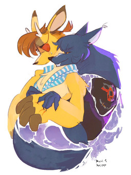 anthro big_hands blood blue_body blue_fur bodily_fluids brown_hair chest_tuft claws clothing eye_patch eyewear female fingers fur gore hair head_on_shoulder hooved_fingers hooves horn hug hugging_another hugging_from_behind male scarf scratching shirtless smile sweat sweatdrop tuft worried yellow_body yellow_eyes yellow_fur maxi_molina the_hayseed_knight ader_(the_hayseed_knight) eka_(the_hayseed_knight) canid canine canis deer mammal wolf hi_res