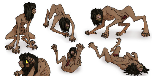 anthro balls bared_teeth black_hair blush brown_body brown_fur claws emaciated erection fangs feral fur genitals hair hair_over_eyes hand_in_hair looking_at_viewer lying male multiple_poses navel nude on_back overbite penis pose presenting rib_cage simple_background snarling solo spreading teeth touching_hair white_background pictiverpa the_backrooms entity_8_hound canid canine canis domestic_dog entity humanoid mammal monster 2021 2:1 multiple_images