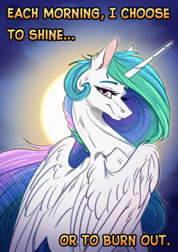 burnout emotional feral horn sad_smile solo sun sunrise tired wings sunny_way friendship_is_magic hasbro mood my_little_pony mythology princess_celestia_(mlp) equid equine mammal mythological_creature mythological_equine winged_unicorn hi_res