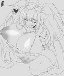 areola big_breasts blush blush_lines breasts cleavage clothed clothing clothing_aside female grin hair heart_symbol horn huge_breasts huge_thighs hyper hyper_breasts hyper_thighs kneeling long_hair looking_at_viewer narrowed_eyes nipple_outline nipples simple_background smile solo teeth text thick_thighs zozo_draws hololive mythology vtuber coco_kiryu animal_humanoid dragon dragon_humanoid horned_humanoid humanoid mythological_creature mythological_scalie scalie absurd_res hi_res japanese_text monochrome watermark