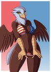 2018 absurd_res accipitrid accipitriform american_flag_bikini anthro avian bald_eagle beak big_breasts bikini bikini_down bikini_pull bird bodily_fluids breasts brown_body brown_feathers clothed clothing clothing_pull conditional_dnp dialogue digital_media_(artwork) drako1997 eagle english_text eyelashes feathered_wings feathers female flag_bikini flag_clothing flag_print flag_swimwear flashing flashing_pussy genital_fluids genitals healthcare_eagle hi_res looking_at_viewer navel nipple_outline non-mammal_breasts presenting presenting_pussy print_bikini print_clothing print_swimwear pussy scuted_arms scutes sea_eagle simple_background smile solo swimwear swimwear_pull text tongue tongue_out united_states_of_america vaginal_fluids wet wet_clothing wet_swimwear white_body white_feathers wings yellow_beak yellow_eyes
