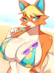 anthro arm_tuft big_breasts bikini bikini_top blonde_hair blue_eyes blue_inner_ear bodily_fluids breasts cleavage clothed clothing dipstick_tail eyebrows eyelashes eyewear female food fur glistening glistening_breasts hair huge_breasts looking_at_viewer markings orange_body orange_fur pineapple_pattern popsicle shoulder_tuft solo sunglasses sweat swimwear tail tail_markings tan_body tan_fur tongue tongue_out tuft two-piece_swimsuit vtalna1 animal_crossing nintendo audie_(animal_crossing) canid canine canis mammal wolf 2024 hi_res