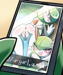 5:6 ambiguous_gender anus blush dustedpollen electronics eyeshadow female flustered gallade gardevoir generation_3_pokemon generation_4_pokemon genitals hi_res holding_leg holding_object holding_phone holding_tree kirlia looking_down_at_another makeup message nintendo nipples phone plant pokemon pokemon_(species) pussy smug thick_thighs thigh_gap tree wide_hips