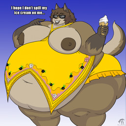 anthro areola bedroom_eyes belly belly_overhang big_areola big_belly big_breasts big_butt breasts butt clothed clothing dessert exposed_breasts eyewear fat_arms female food huge_belly huge_breasts huge_butt huge_thighs ice_cream ill-fitting_clothing love_handles midriff morbidly_obese morbidly_obese_female narrowed_eyes obese obese_female overweight overweight_female seductive smile solo sunglasses teeth text thick_thighs cleverfoxman smudge_(cleverfoxman) canid canine canis domestic_dog mammal 1:1 english_text hi_res