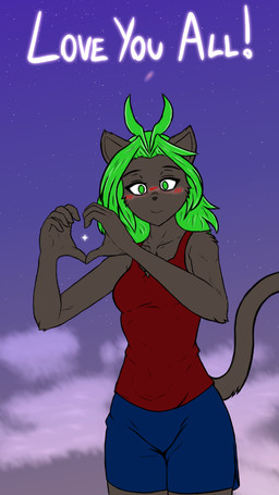anthro blush bottomwear cat_tail chest_tuft clothing cloud cosmic_background female green_eyes green_hair hair heart_symbol shirt shorts smile solo standing star sunset tail tank_top topwear tuft twilight jordanos21 twokinds karen_taverndatter felid humanoid keidran mammal 9:16 hi_res