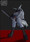 anthro black_border boots border chainsaw clothing female footwear hair high_heeled_boots high_heels holding_object inner_ear_fluff long_hair mask nipples nude power_tool shoes solo standing text tools tuft weapon white_hair duase rasa_(duase) canid canine canis mammal wolf hi_res url