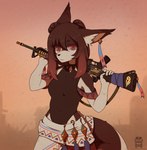 anthro ar-15 clothing female gun ranged_weapon red_eyes rifle rifle_sling runes simple_background solo weapon orang111 rumi_(woolgather) canid canine fox mammal hi_res