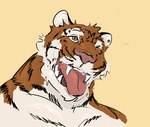 anthro dickinoatmeal fangs fangs_bared felid fur half-closed_eyes hi_res male mammal mouth_shot narrowed_eyes open_mouth pantherine solo striped_body striped_fur stripes teeth tiger tongue tongue_out