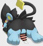 anus backsack balls black_body black_fur blue_body blue_fur blush bodily_fluids butt cum feral fur genital_fluids genitals grey_background looking_back male penis rear_view simple_background solo yellow_eyes manoreo nintendo pokemon generation_4_pokemon luxray pokemon_(species) censored hi_res