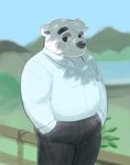 anthro blush blush_lines fur hand_in_pocket hands_in_both_pockets male outside pockets solo standing white_body white_fur 20daysapple aggretsuko sanrio shirota_(aggretsuko) bear mammal polar_bear ursine 2021 hi_res