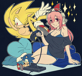 alternate_form anthro black_nose blue_body blue_fur bra breasts cleavage clothed clothing controller countershade_torso countershading crossgender duo electronics eyelashes featureless_breasts female footwear fur game_console game_controller glistening glistening_nose gloves hair halftone_dots handwear headphones heart_pillow long_hair looking_at_viewer mtf_crossgender one_eye_closed pillow pink_eyes pink_hair pointy_ears red_eyes shirt shoes smile smiling_at_viewer socks sparkles topwear underwear video_game_console wire yellow_body yellow_fur ctrl_bullet sega sega_genesis sonic_the_hedgehog_(series) super_sonico sonic_the_hedgehog super_sonic eulipotyphlan hedgehog human mammal halftone hi_res