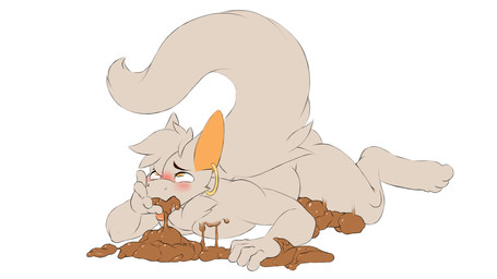ambiguous_gender anthro blush chest_tuft ear_piercing ear_ring eating_feces enjoying_feces eye_roll feces feces_in_mouth feces_on_body feces_on_chest feces_on_ground feces_pile fur hair lying on_ground orange_eyes orange_inner_ear piercing raised_tail ring_piercing scatplay simple_background solo tail tan_body tan_fur tan_hair tongue tongue_out tuft white_background el_brapitto 16:9 hi_res widescreen