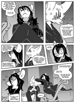 anthro clothed clothing dialogue eyes_closed female group laugh male prosthetic prosthetic_leg prosthetic_limb simple_background speech_bubble text trio kifyun2 rita_(undying_void) canid canine felid fox mammal pantherine snow_leopard absurd_res black_and_white comic english_text hi_res monochrome