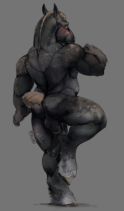 animal_genitalia animal_penis anthro balls big_penis black_body black_fur black_penis blue_eyes equine_genitalia equine_penis erection feathering fur genitals grey_background grey_body grey_fur hair male male_anthro mane musclegut muscular muscular_anthro muscular_male nude nude_anthro nude_male on_one_leg overweight overweight_anthro overweight_male penis rear_view simple_background solo standing tan_hair i-psilone titan_(tarogar) draft_horse equid equine horse mammal 2020 hi_res