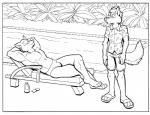 anthro barefoot bottle clothed clothing container duo eyewear feet glasses male outside plant speedo swimming_pool swimwear topless cirruskitfox canid canine canis mammal wolf monochrome