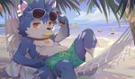 anthro beach biped black_nose blue_body blush clothing detailed_background eating eyewear food green_body group hammock humanoid_hands kemono male nipples outside popsicle sea seaside slightly_chubby solo_focus sunglasses swimwear water white_body young young_anthro seamonsterping vtuber paroto canid canine canis mammal wolf 2022 absurd_res hi_res