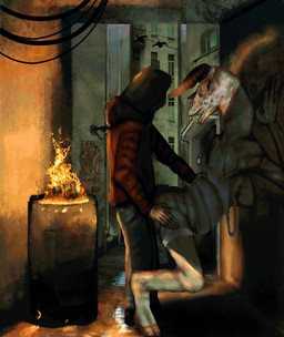 alley big_breasts breasts duo female fire from_behind_position horn horror_(theme) male male/female sex lost-wanderer demon horned_humanoid human humanoid mammal monster unknown_species absurd_res digital_media_(artwork) digital_painting_(artwork) hi_res painting_(artwork)