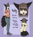 anthro beanie belt blue_eyes bottomwear breasts brown_hair clothed clothing denim denim_bottomwear denim_clothing ear_piercing female footwear fur hair hat headgear headwear jeans pants piercing shoes simple_background sneakers solo tan_body tan_fur tattoo text white_body white_fur kaitycuddle kaity_(kaitycuddle) canid canine mammal 2011 digital_media_(artwork) english_text model_sheet