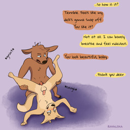 anal anal_penetration anthro anthro_on_anthro anthro_penetrated anthro_penetrating anthro_penetrating_anthro black_nose blush blush_lines brown_body brown_fur chest_tuft crotch_tuft dialogue duo fur genitals humanoid_genitalia humanoid_penis male male/male male_anthro male_penetrated male_penetrating male_penetrating_male nude_male onomatopoeia penetration penile penile_penetration penis penis_in_ass piledriver_position pink_penis sex simple_background sound_effects struggling tan_body tan_fur text tuft ravalska poro_alska rav_alska canid canine deer fox mammal 1:1 2026 absurd_res english_text hi_res signature