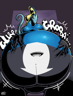 anthro belly belly_close-up big_belly half-closed_eyes hand_on_belly huge_belly looking_at_viewer low-angle_view male morbidly_obese morbidly_obese_anthro morbidly_obese_male narrowed_eyes navel nude obese obese_anthro obese_male overweight overweight_anthro overweight_male raised_tail rumbling_stomach scales smile smiling_at_viewer solo sound_effects tail text awoogasm nintendo pokemon generation_8_pokemon inteleon pokemon_(species) scalie 2026 hi_res signature