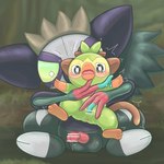 anthro black_body duo female fingering genitals green_body larger_male male penis pussy size_difference smaller_female vaginal vaginal_fingering elonga nintendo pokemon generation_8_pokemon generation_9_pokemon grafaiai grookey pokemon_(species) 1:1