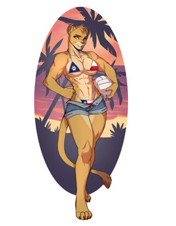 4_toes 5_fingers abs anthro ball barefoot beach big_breasts bikini biped blue_bikini blue_clothing blue_swimwear border bottomwear breasts brown_claws brown_eyebrows brown_inner_ear brown_nose brown_tail_tuft brown_tuft claws clothed clothed_anthro clothed_female clothing countershade_face countershade_fur countershade_legs countershade_neck countershade_torso countershading detailed_background eyebrows feet female female_anthro finger_claws fingers flag_bikini front_view fur grey_bottomwear grey_clothing grey_shorts grin grinning_at_viewer hand_on_hip hand_on_own_hip head_tuft holding_ball holding_object hotpants humanoid_hands inner_ear_fluff iris long_tail looking_at_viewer multicolored_bikini multicolored_body multicolored_clothing multicolored_fur multicolored_swimwear muscular muscular_anthro muscular_female orange_sky outside_border palm_tree pink_sky plant pose pupils red_bikini red_clothing red_swimwear sea seaside shorts skimpy sky smile smiling_at_viewer solo standing swimwear tail tail_tuft tan_body tan_breasts tan_countershading tan_fur tan_inner_ear_fluff tan_tuft teeth texas_flag_bikini toe_claws toes tomboy toned_female tree tuft two-piece_swimsuit two_tone_body two_tone_fur volleyball_(ball) water white_bikini white_border white_clothing white_sclera white_swimwear yellow_body yellow_eyes yellow_fur yellow_tail yellow_tuft lotusgarden felicia_'freya'_kingsly felid lion mammal pantherine absurd_res full-length_portrait hi_res pinup portrait shaded