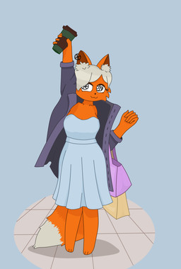 5_fingers :3 anthro beverage big_breasts blue_clothing blue_dress breasts clothed clothing coat coffee dipstick_tail dress ear_piercing ear_ring female fingers fur grey_hair hair hair_over_eye inner_ear_fluff markings multicolored_tail orange_body orange_fur paws piercing raised_arm ring_piercing shopping_bag short short_hair simple_background snout solo spiral spiral_eyes standing tail tail_markings topwear tuft foxmaidsus syn_(foxmaidsus) canid canine fox mammal absurd_res hi_res shaded simple_shading