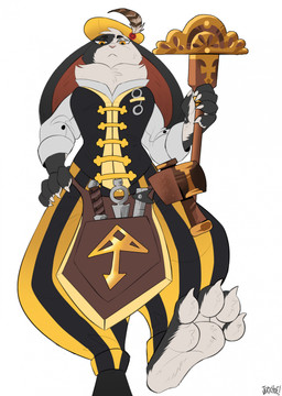 anthro barefoot biped black_body black_clothing black_fur bottomwear breasts claws clothed clothing dewlap_(anatomy) digitigrade dominant dominant_anthro dominant_female eyebrows eyelashes feet female foot_focus frown fur glistening_eyelids half-closed_eyes hand_on_hip hat hat_feather headgear headwear holding_object holding_staff long_sleeves looking_at_viewer loose_feather low-angle_view medieval_clothing multicolored_body multicolored_fur narrowed_eyes neck_tuft orange_eyes pants pattern_bottomwear pattern_clothing pattern_pants paws pink_nose pouch_(clothing) raised_foot ruler simple_background solo staff standing striped_bottomwear striped_clothing striped_pants stripes tools tuft two_tone_body two_tone_fur white_background white_body white_fur white_sclera yellow_clothing yellow_hat yellow_headwear jerichoe armello league_of_geeks elyssia_(armello) lagomorph leporid mammal rabbit 2026 colored digital_drawing_(artwork) digital_media_(artwork) hi_res