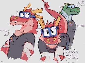 anthro bandage clothed clothing duo embarrassed eyewear fangs fur glasses horn logo_on_clothing looking_at_viewer machine male red_body simple_background smile solo tail teeth text tools ravan animal_mechanicals mythology komodo_(animal_mechanimals) rex_(animal_mechanicals) animate_inanimate dinosaur dragon eastern_dragon mythological_creature mythological_scalie prehistoric_species reptile robot saurischian scalie theropod tyrannosaurid tyrannosauroid tyrannosaurus tyrannosaurus_rex digital_media_(artwork) english_text hi_res sketch