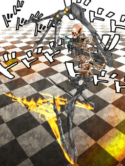 3_fingers ambiguous_gender bone checkered checkered_floor fingers glowing glowing_eyes high-angle_view human_skull jojo_pose looking_at_viewer machine mechanical_arm mechanical_leg not_furry orange_eyes pelvis ribs skeleton solo teeth text wire deino_(artist) deino_(modeler) calne_ca animated_skeleton humanoid robot robot_humanoid undead 2009 3:4 3d_(artwork) autodesk_3ds_max_(artwork) digital_media_(artwork) full-length_portrait hi_res japanese_text portrait female_(lore)
