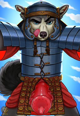 animal_genitalia animal_penis anthro armor aroused balls blue_eyes bottomless canine_genitalia canine_penis clothed clothing eyebrows fur galea genitals grey_body grey_fur headgear helmet knot knotted_penis legionary licking looking_at_viewer looking_pleasured lorica_(armor) lorica_segmentata male metal military military_clothing military_uniform notched_ear penis roman self_lick shirt smile smiling_at_viewer solo tail tongue tongue_out topwear tunic uniform vein veiny_penis white_body vestina feger_(feger-jager) canid canine canis domestic_dog husky mammal nordic_sled_dog spitz 2025 hi_res