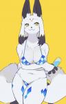 4_fingers anthro big_breasts bikini breasts cleavage clothed clothing female fingers fur hair kemono navel simple_background smile solo standing swimwear two-piece_swimsuit white_body white_fur yellow_background yellow_eyes nrj_275 cyberconnect2 drecom full_bokko_heroes daji_(full_bokko_heroes) canid canine fox mammal hi_res