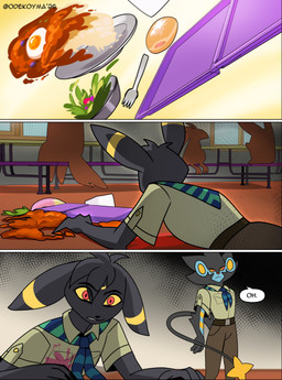 3_panel_comic anthro anthrofied arm_tuft belt biped black_body black_eyebrows black_fur black_hair black_nose black_tail black_text blank_stare blue_body bottomwear brown_bottomwear brown_clothing brown_pants closed_frown clothing collared_shirt container cutlery duo ear_markings egg elbow_tuft eyebrows food fork frown fruit fur green_clothing green_shirt green_topwear hair harmony_scarf head_markings inside kerchief kitchen_utensils looking_at_another malasada male markings milk_carton milk_container mouth_closed nanab_berry neckerchief neckwear on_ground pants pattern_kerchief pattern_neckerchief pivoted_ears plant plate pokemon_berry pokemorph pupils red_eyes red_nose red_sclera ring_(marking) round_ears salad shirt speech_bubble stain stained_shirt standing striped_kerchief striped_neckerchief tail text tools topwear tray tuft uniform wall_(structure) wide_eyed window yellow_eyes yellow_inner_ear yellow_markings yellow_pupils yellow_sclera odeko-yma nintendo pokemon pokemon_mystery_dungeon spike_chunsoft lucky_(odeko-yma) eeveelution generation_2_pokemon generation_4_pokemon luxray pokemon_(species) umbreon 2026 absurd_res artist_name comic english_text hi_res
