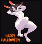 anthro black_hair blood bodily_fluids ear_piercing female hair heart_eyes heart_symbol holiday_message holidays knife lying nipple_piercing nipples paws piercing slasher solo text white_body theredghost halloween alice_(theredghost) lagomorph leporid mammal rabbit english_text hi_res