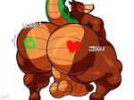 anthro backsack balls barefoot bent_over big_balls big_butt big_penis brown_body brown_butt brown_ears brown_fur butt crouching erection feet fur genitals green_tail heart_symbol huge_butt humanoid_genitalia humanoid_penis hyper hyper_butt male multicolored_body multicolored_butt multicolored_tail nude penis presenting presenting_balls presenting_hindquarters presenting_penis retweet sharp_teeth simple_background smile solo tail tan_balls tan_body tan_butt tan_nose tan_penis tan_skin tan_tail teeth text thick_thighs twerking white_background wide_hips bobthetanuki activision crash_bandicoot_(series) dingodile canid canine canis crocodile crocodilian dingo hybrid mammal reptile scalie 2020 english_text hi_res