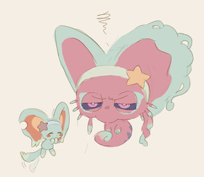 accessory ambiguous_gender big_ears biped blush blush_stickers dipstick_tail duo emanata embarrassed eyes_closed feral frustration_cloud fur headband headband_only laugh legless markings mouthless narrowed_eyes notched_ear pink_body pupils purple_eyes purple_sclera simple_background size_difference star_polygon tail tail_markings tail_motion tailwag teal_body teal_fur three-quarter_view white_background white_pupils kamabokobun kirby_(series) nintendo elfilin fecto_forgo alien chinchilla chinchillid mammal rodent starling_(kirby) 2022 colored_sketch digital_drawing_(artwork) digital_media_(artwork) english_description hi_res sketch male_(lore)