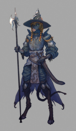 anthro armor belt biped black_body black_fur bottomwear braided_hair braided_pigtails breastplate brown_body brown_fur clothed clothing digitigrade female fur gloves green_eyes hair halberd handwear hat headgear headwear holding_object holding_weapon melee_weapon pants pigtails polearm rat_tail scabbard simple_background solo standing sword tail topwear weapon wide_brimmed_hat lethal_doors akna_(bahumot) mammal murid murine rat rodent digital_media_(artwork) hi_res