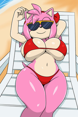 anthro beach big_breasts bikini breasts cleavage clothed clothing female hair huge_breasts navel outside pink_hair side_boob smile solo swimwear thick_thighs two-piece_swimsuit under_boob wide_hips sonicguru sega sonic_the_hedgehog_(series) amy_rose eulipotyphlan hedgehog mammal 2:3 hi_res