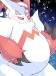 anthro belly blush christmas_clothing christmas_headwear clothing fupa hand_on_belly hat headgear headwear holidays male overweight pawpads pink_eyes santa_hat snow solo cosith christmas nintendo pokemon generation_3_pokemon pokemon_(species) zangoose hi_res