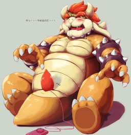 2_horns animal_genitalia anthro belly blush bodily_fluids cloaca cloacal_penis drooling erection genitals horizontal_cloaca horn humanoid_hands kemono male overweight overweight_male penis saliva sex_toy simple_background sitting solo tapering_penis text korosuke mario_bros nintendo bowser koopa scalie 2015 hi_res japanese_text