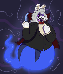 anthro arms_bent black_cape black_clothing black_facial_hair black_mustache black_suit blue_tail blush blush_lines bottomless bottomless_anthro bottomless_male bottomwear bow_tie button_(fastener) cape clothed clothed_anthro clothed_male clothing costume curly_hair facial_hair fur glowing glowing_body glowing_eyes grey_bow grey_hair hair handwear holding_knife holding_object holidays knife legless light long_ears male male_anthro medium_hair messy_hair mittens multicolored_body mustache no_pupils noseless open_mouth open_smile pants purple_background purple_eyes purple_tongue red_bow_tie sharp_teeth simple_background smile solo suit tail tan_body tan_bottomwear tan_clothing tan_dress_shirt tan_inner_ear tan_pants tan_skin teeth tongue translucent translucent_body two_tone_body white_body white_fur white_mask fuposey halloween mario_bros mario_plus_rabbids_kingdom_battle nintendo raving_rabbids rayman_(series) ubisoft phantom_of_the_bwahpera ghost hybrid lagomorph mammal rabbid spirit 2023 absurd_res colored crossover digital_drawing_(artwork) digital_media_(artwork) full-length_portrait hi_res lighting portrait shaded