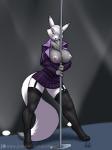 anthro between_breasts black_sclera breasts clothing curvy_figure dress exposed_breasts female garter_straps legwear looking_at_viewer nipples pole simple_background solo standing stockings stripper_pole tail thigh_highs voluptuous wide_hips yellow_eyes furball bandai_namco digimon lattenmon_(boxymoron) canid canine digimon_(species) mammal renamon 2018 3:4