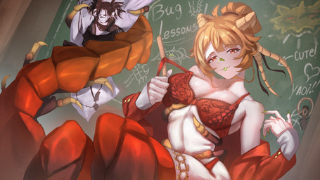 antennae_(anatomy) bedroom_eyes body_pillow bra brown_hair chalkboard clothing colored_nails dakimakura dakimakura_pillow female fingernails green_fingernails green_nails green_tongue hair heart_symbol holding_object holding_pillow holding_ruler jacket lingerie looking_at_viewer nails narrowed_eyes pillow red_bra red_clothing red_eyes red_jacket red_topwear red_underwear ruler seductive solo text tongue tongue_out topwear underwear zarasaru vtuber naiyospede animal_humanoid arthropod arthropod_humanoid centipede_humanoid humanoid myriapod myriapod_humanoid 16:9 2025 4k absurd_res english_text hi_res widescreen