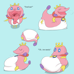abdominal_bulge belly big_belly black_text bloated blue_background blue_eyes chibi crown demanding eyes_closed feet feral fin fully_inside headgear male male_pred offscreen_character open_mouth oral_vore pink_body pink_skin presenting_mouth purple_fin semi-anthro simple_background solo tailbutt text tongue tongue_out vore white_belly wide_crotch yellow_feet da~blueguy puyo_puyo sega ocean_prince aquatic fish 1:1 english_text
