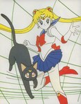 blonde_hair blue_bottomwear blue_clothing blue_skirt boots bottomwear clothing duo female footwear hair red_bow red_clothing red_footwear shoes skirt smile sailor_moon_(series) luna_(sailor_moon) sailor_moon_(character) domestic_cat felid feline felis human mammal absurd_res hi_res official_art