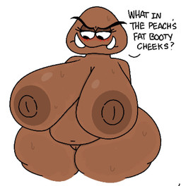 anthro areola belly big_breasts biped blush blush_lines bodily_fluids breasts brown_areola brown_body brown_nipples confusion dialogue eyebrows fangs female genitals half-closed_eyes huge_breasts huge_thighs narrowed_eyes navel nipples obese obese_anthro obese_female overweight overweight_anthro overweight_female simple_background solo sweat teeth text thick_eyebrows thick_thighs vulva white_background theslashfive mario_bros nintendo goomba english_text hi_res